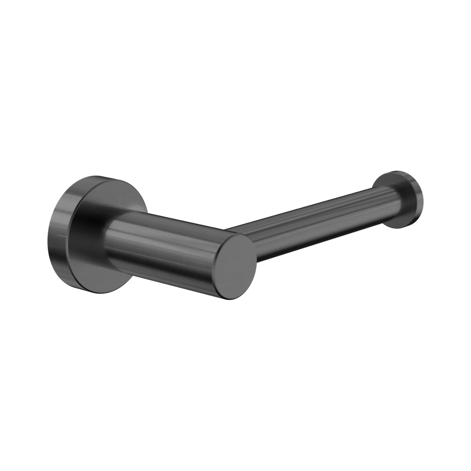 Nero Dolce II gun metal toilet roll holder with round wall plate and single arm, on white background