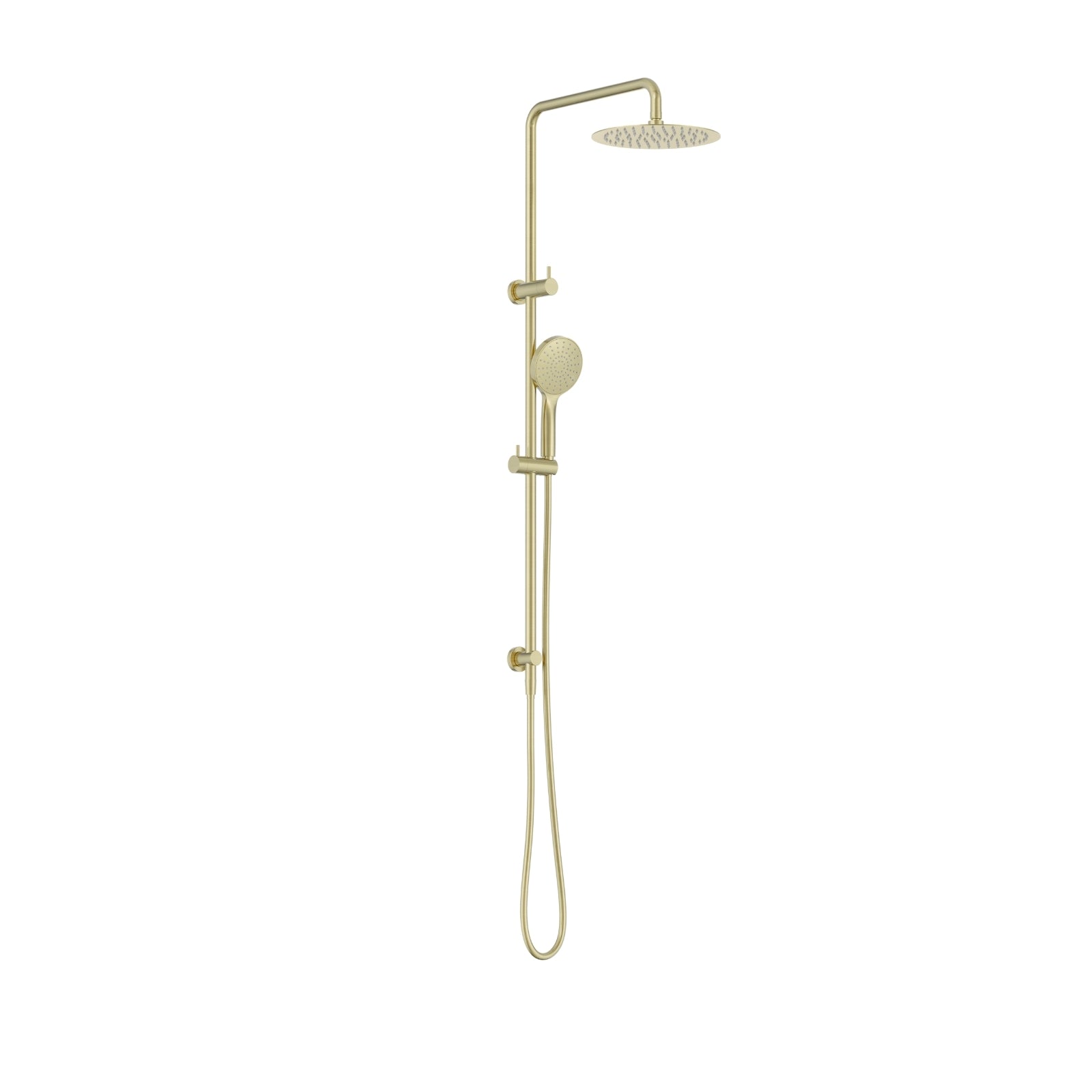 Nero Dolce II twin shower in brushed gold, with overhead round shower head, hand shower and wall-mounted rail