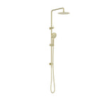 Nero Dolce II twin shower in brushed gold, with overhead round shower head, hand shower and wall-mounted rail