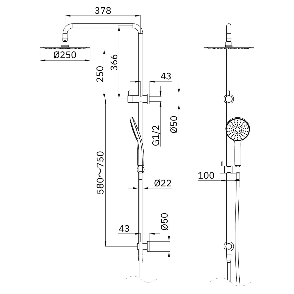 Technical drawing of Nero Dolce II twin shower in brushed gold, showing overhead shower, hand shower and 378mm arm measurements