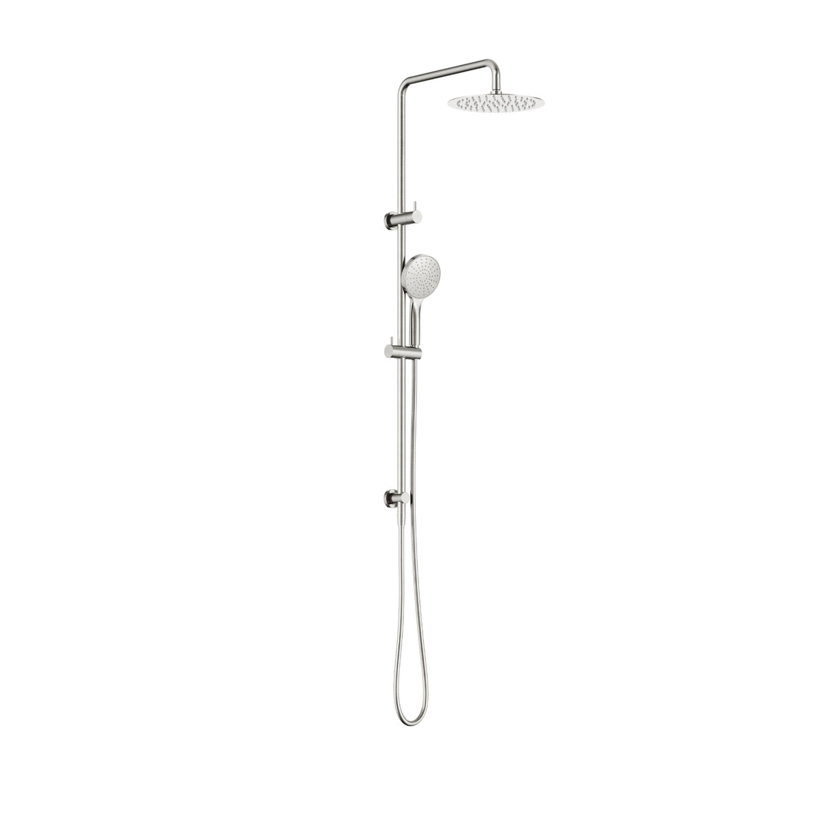 Nero Dolce II twin rail shower in brushed nickel with overhead round head, handheld shower and hose on white background