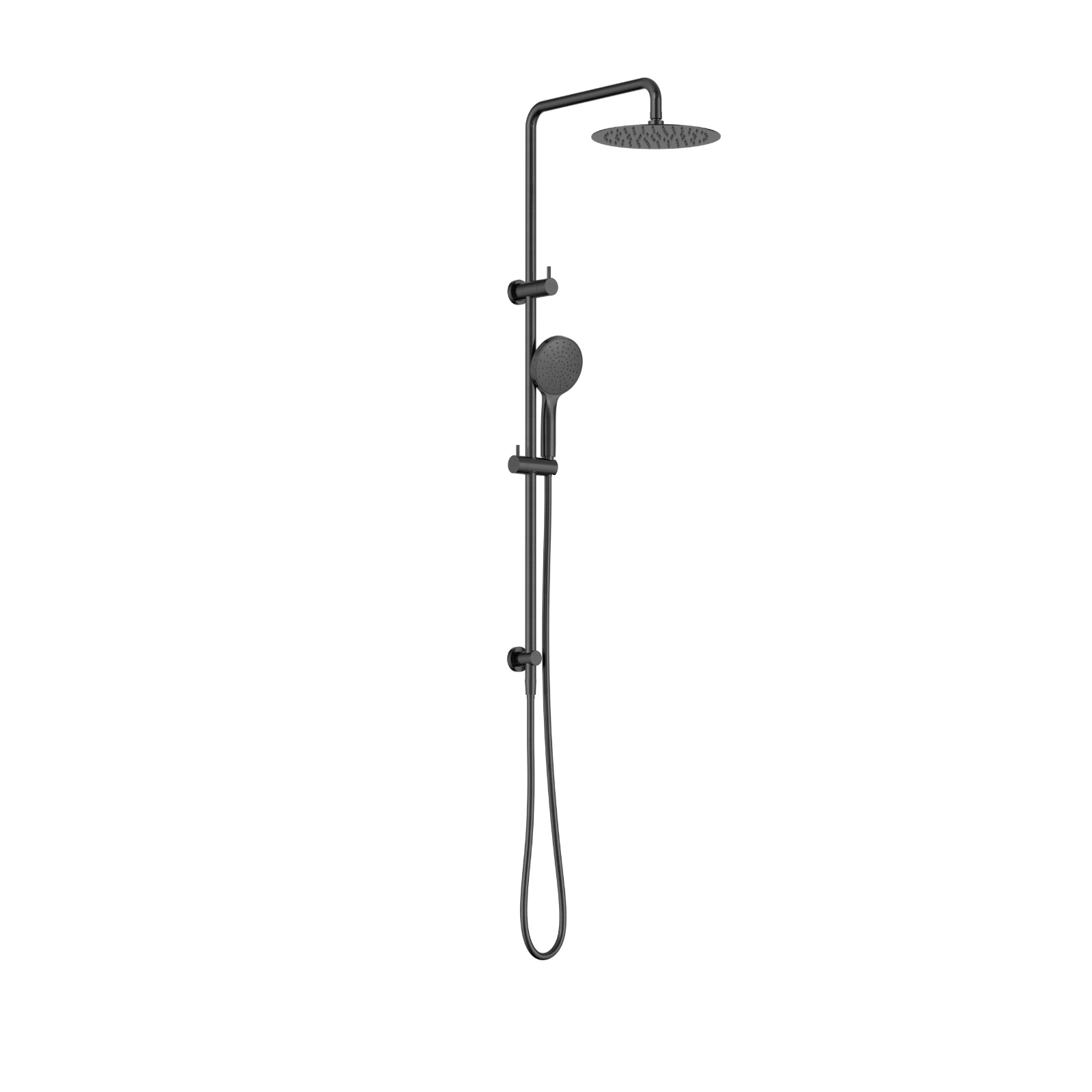 Nero Dolce II twin rail shower in gunmetal with overhead round shower head and handheld shower on rail