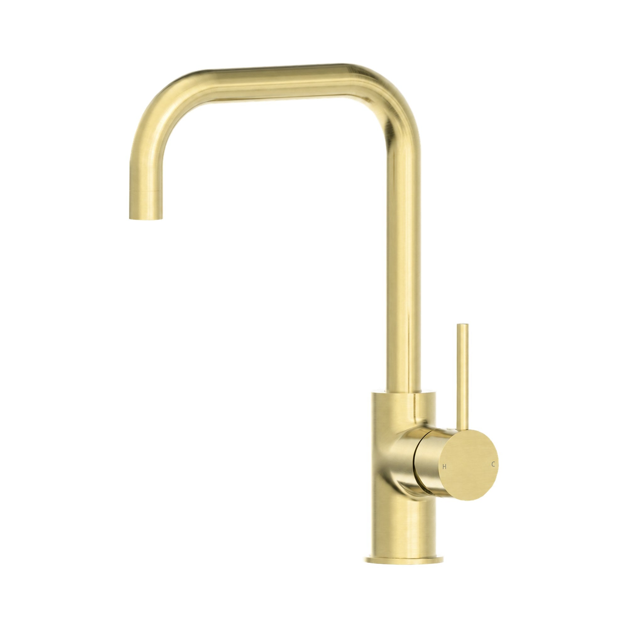 Nero Dolce square gooseneck kitchen mixer in brushed gold, side view on white background
