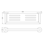 Nero Dolce metal bathroom shelf in brushed nickel, shown in technical drawing with dimensions and wall-mount fixings