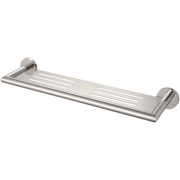 Nero Dolce brushed nickel metal bathroom shelf with wall fixings and slotted tray design