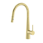 Nero Dolce pull out sink mixer in brushed gold, shown on white background with high gooseneck spout and side lever