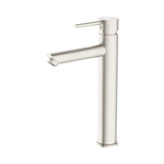 Nero Dolce tall basin mixer in brushed nickel, with cylindrical body and long spout on a white background
