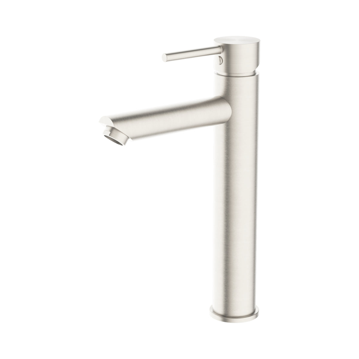 Nero Dolce tall basin mixer in brushed nickel, with cylindrical body and long spout on a white background