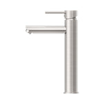 Nero Dolce tall basin mixer in brushed nickel, side view, with sleek cylindrical body and angled spout