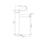 Technical drawing of Nero Dolce tall basin mixer, showing side view and dimensions in brushed nickel finish