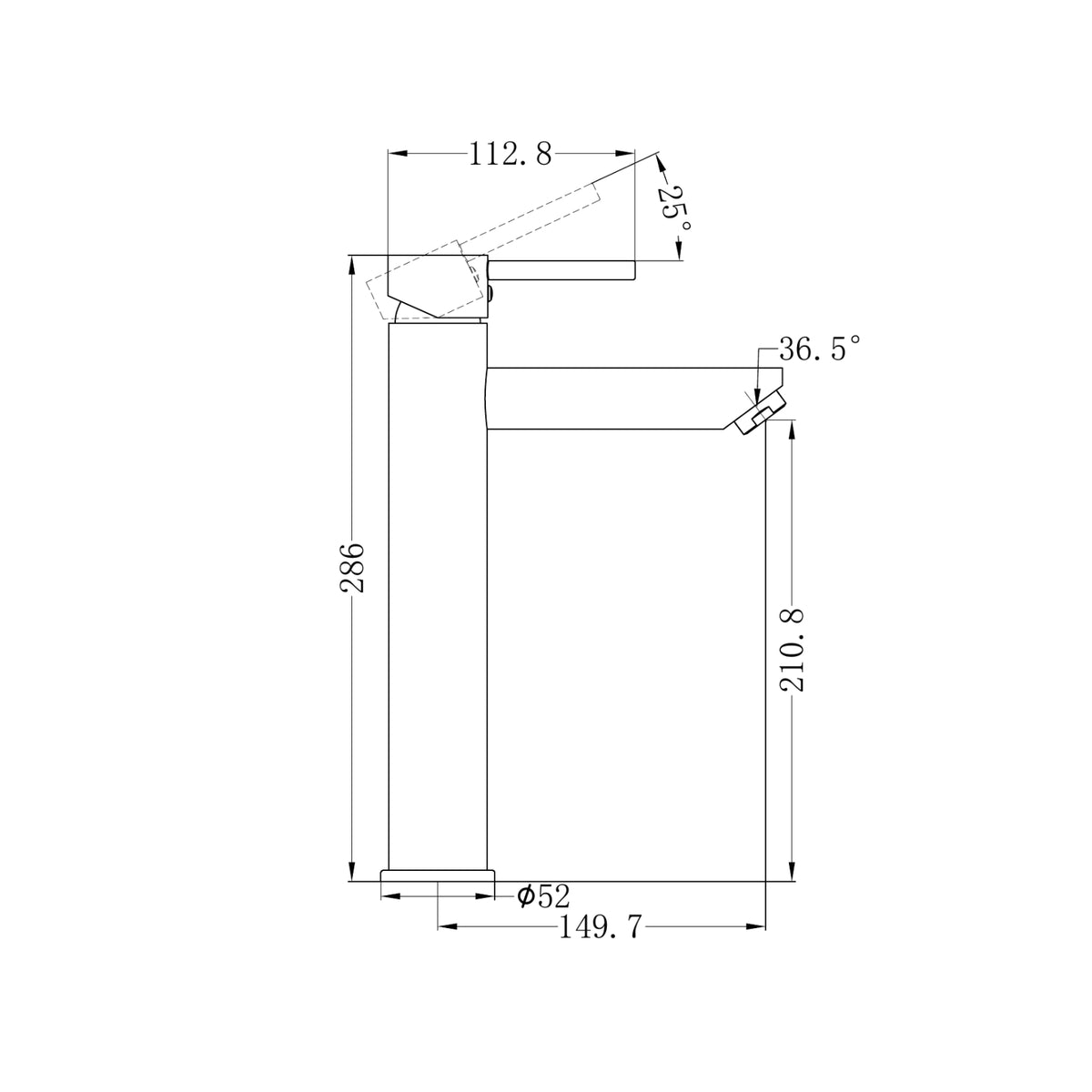 Technical drawing of Nero Dolce tall basin mixer, showing side view and dimensions in brushed nickel finish