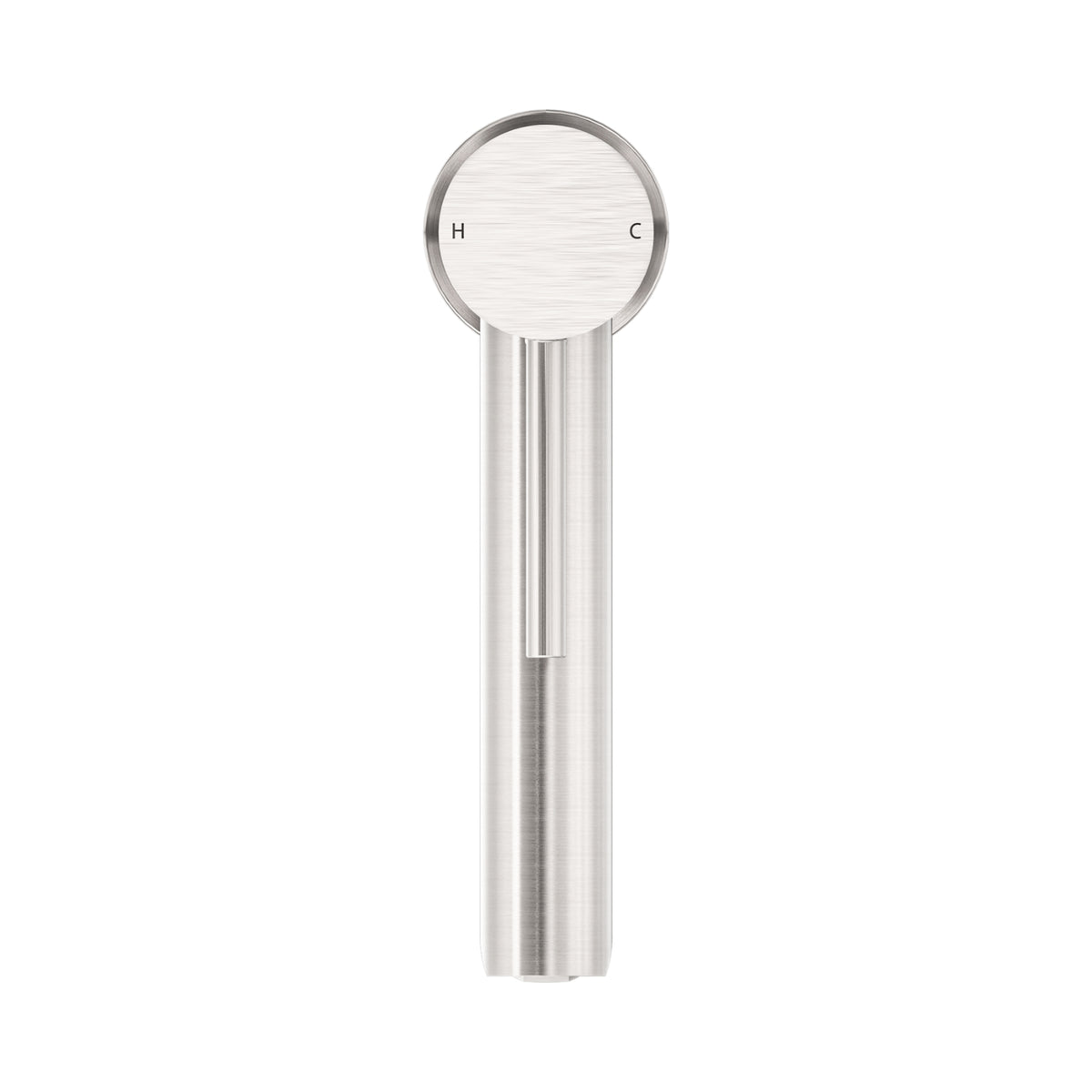 Nero Dolce tall basin mixer in brushed nickel, front view, with round top and slim cylindrical body on white background