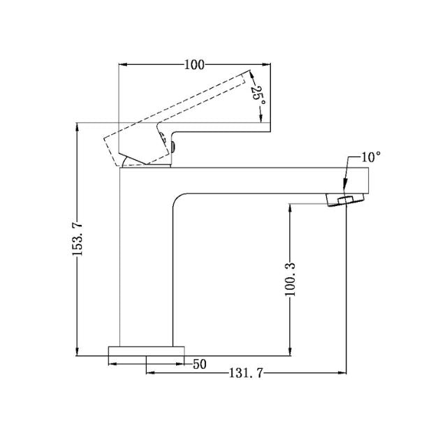 Nero Ecco basin mixer technical drawing, brushed nickel tap with 153.7mm height and 100.3mm spout height dimensions