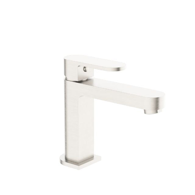 Nero Ecco basin mixer in brushed nickel, modern square design, side view on white background