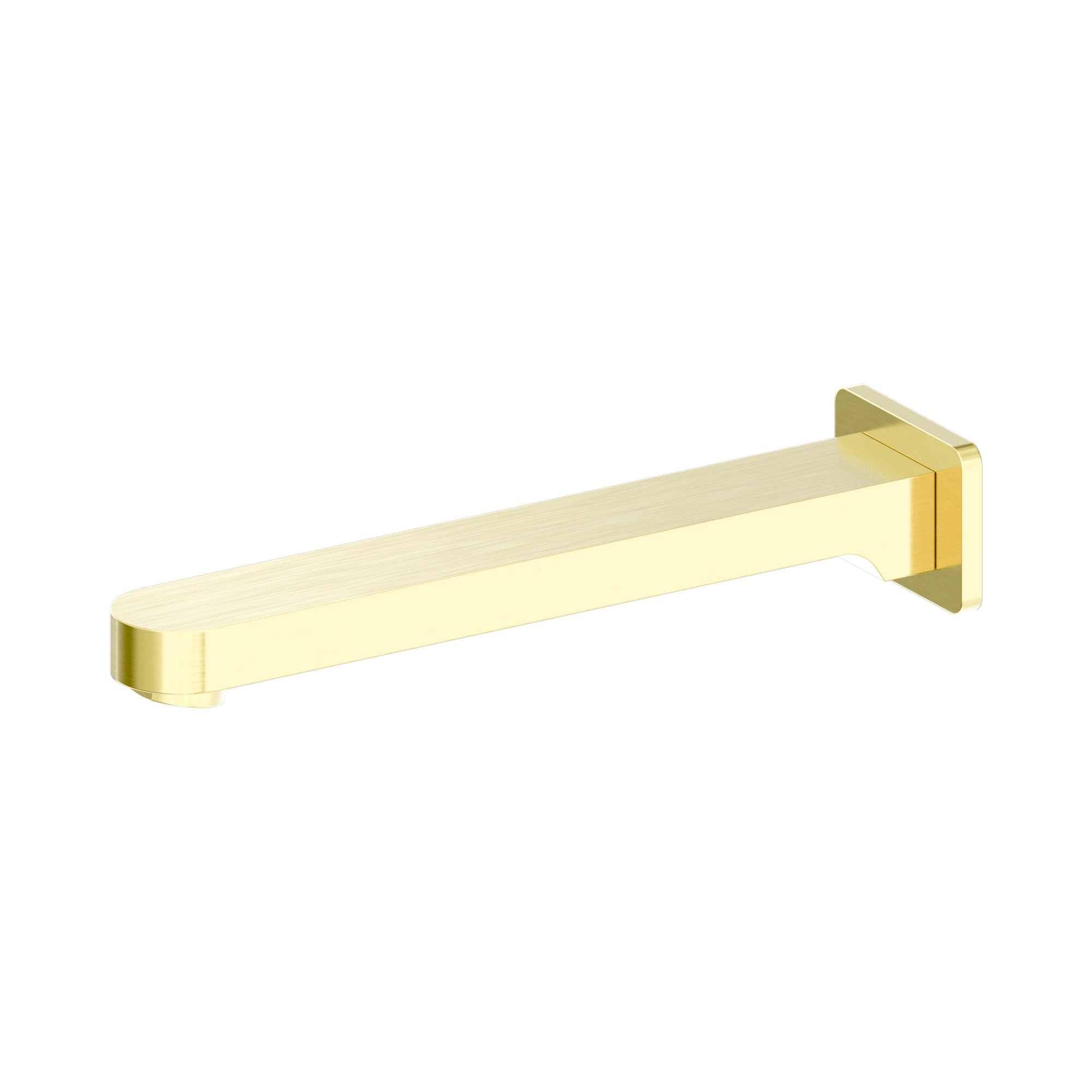 Nero Ecco fixed bath spout in brushed gold, wall-mounted brass tap with square backplate, side view