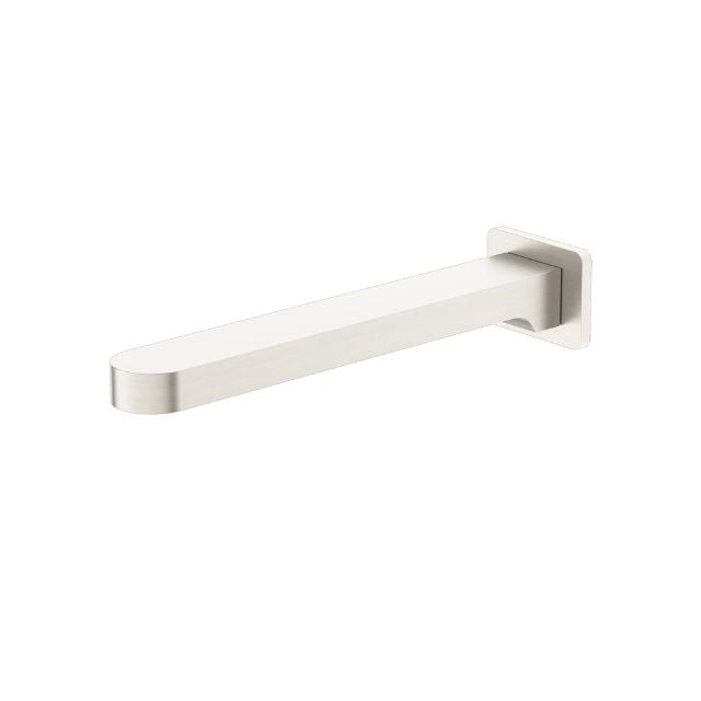 Nero Ecco fixed bath spout in brushed nickel, wall-mounted with square backplate and slim rectangular outlet.
