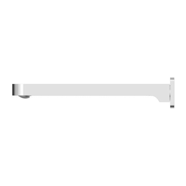 Nero Ecco fixed bath spout in chrome, side view, with a slim modern rectangular profile and wall plate