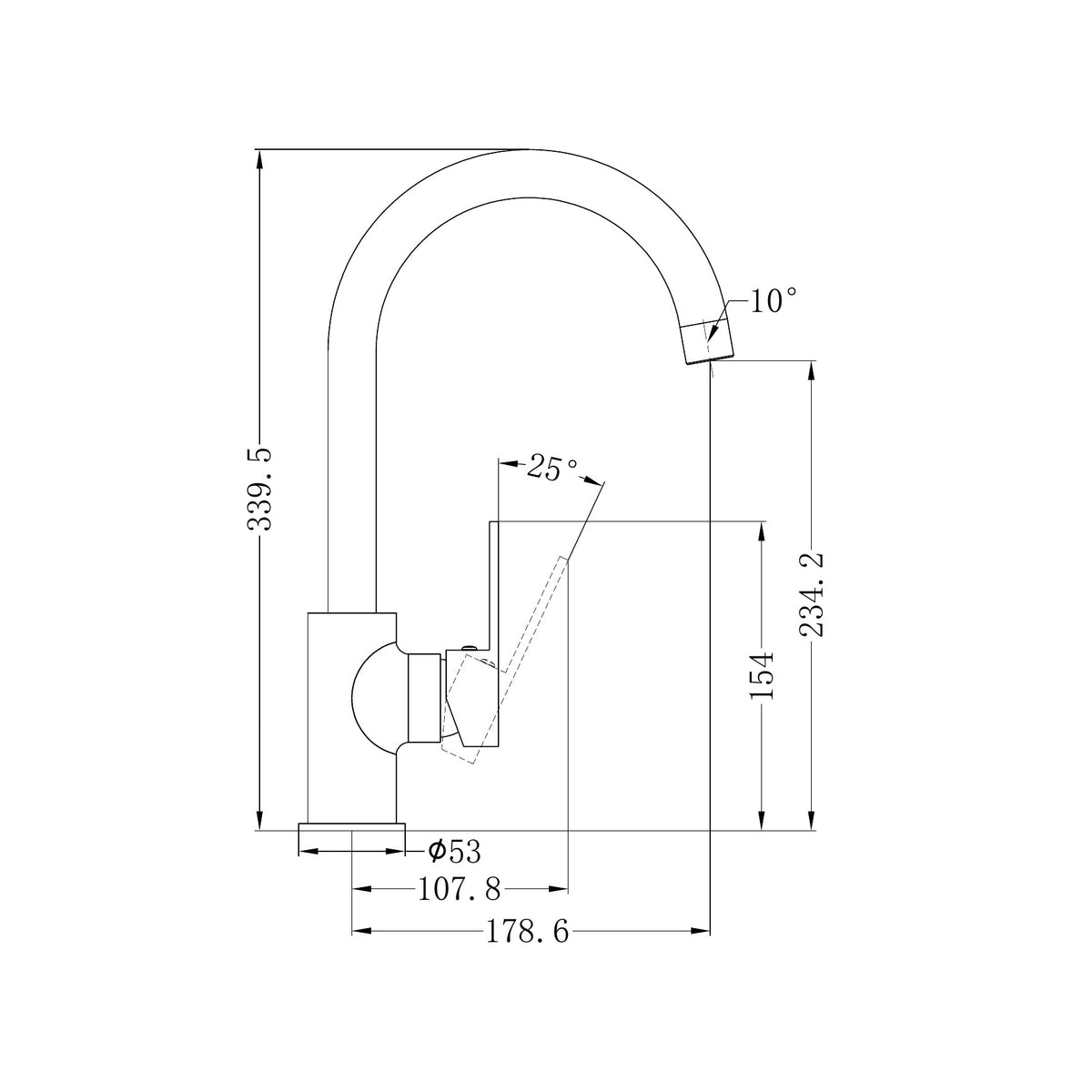 Technical drawing of Nero Ecco Kitchen Mixer showing side elevation and dimensions, including 339.7 mm height and 53 mm base diameter