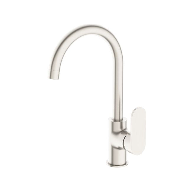 Nero Ecco kitchen mixer tap in brushed nickel, with slim arched spout and side lever handle on white background