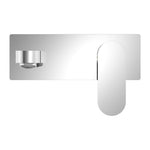 Nero Ecco wall basin/bath mixer in chrome, wall-mounted tap set with rectangular backplate and curved lever, front view