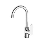 Nero Ecco chrome kitchen mixer tap with tall curved spout and single lever, shown on white background