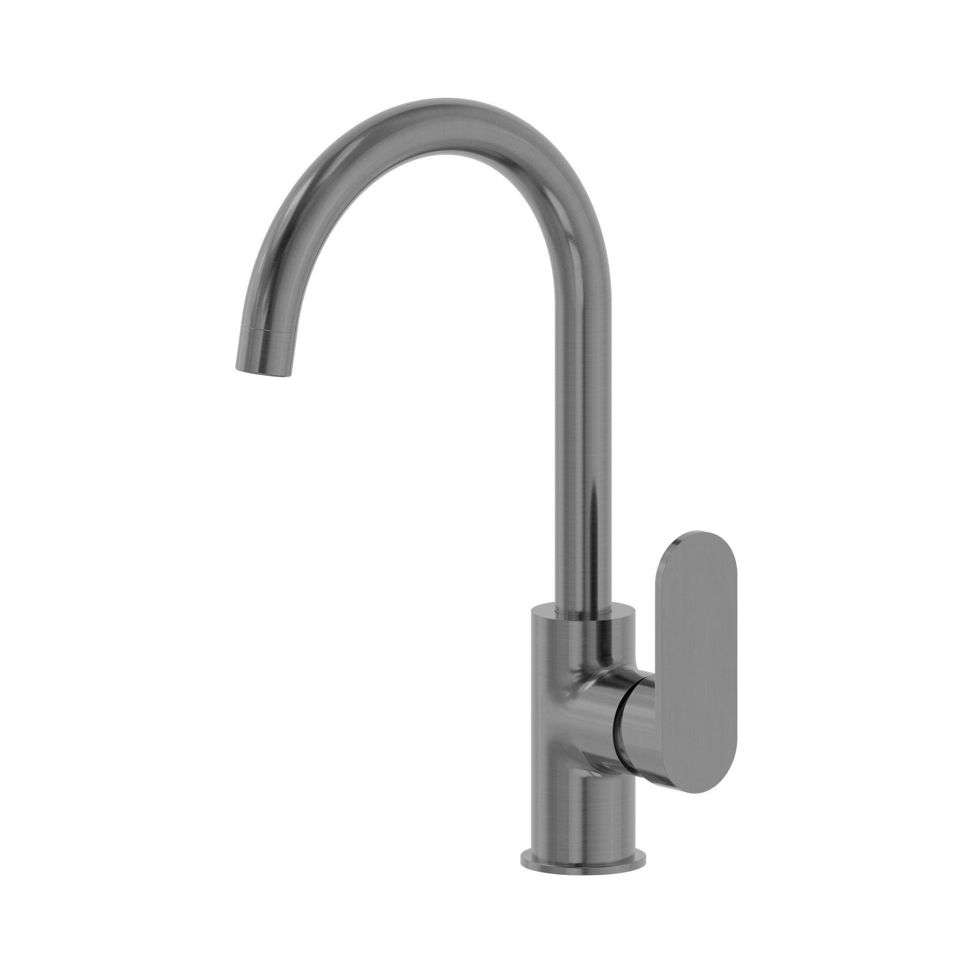 Nero Ecco kitchen mixer tap in gun metal, with tall curved spout and single lever handle on white background