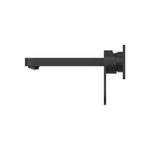 Nero Ecco wall basin/bath mixer in matte black, side view, wall-mounted tap with long spout and lever handle