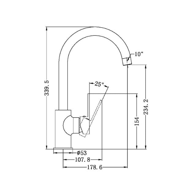 Technical drawing of Nero Ecco kitchen mixer tap in matte black, showing side view with dimensions and angles.
