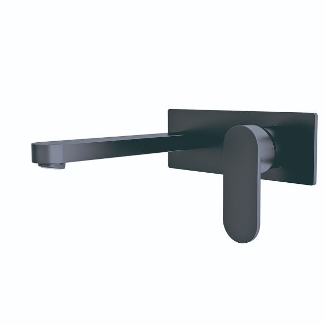 Nero Ecco wall basin/bath mixer in matte black, wall-mounted tap with square backplate and long spout