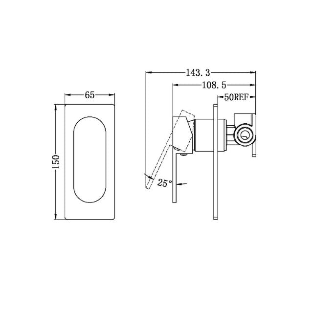 Technical drawing of Nero Ecco chrome shower mixer, showing front and side dimensions for wall-mounted tap controller