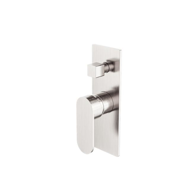 Nero Ecco shower mixer with diverter in brushed nickel, wall-mounted rectangular plate and lever handle