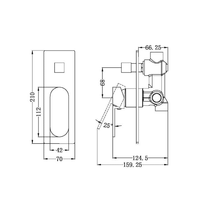 Nero Ecco shower mixer with divertor technical drawing in chrome, front and side views with dimensions