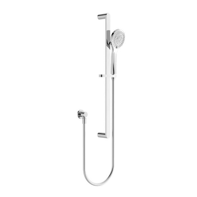 Nero Ecco chrome shower rail with hand shower and hose, wall-mounted rail shower set on white background