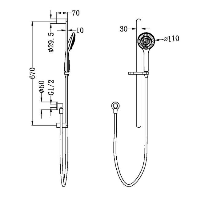 Nero Ecco shower rail set technical drawing in matte black, showing wall-mounted rail, hand shower and hose with dimensions