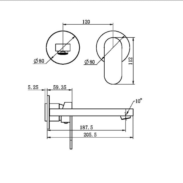 Technical drawing of Nero Ecco wall basin/bath mixer with separate back plate, showing dimensions in brushed nickel finish.