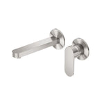 Nero Ecco wall basin/bath mixer in brushed nickel with separate back plate, wall-mounted tap set shown on white background
