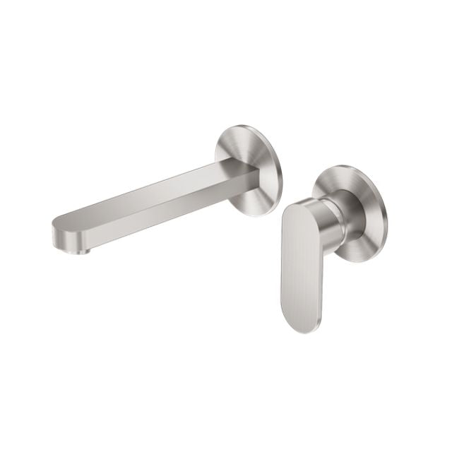 Nero Ecco wall basin/bath mixer in brushed nickel with separate back plate, wall-mounted tap set shown on white background
