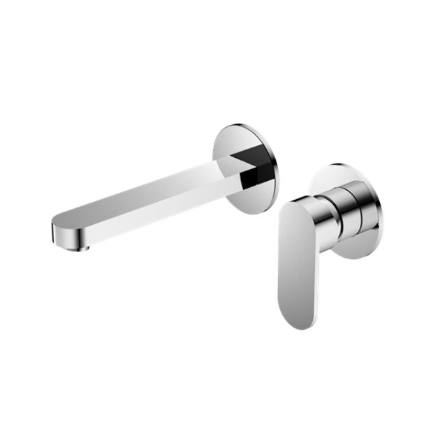 Nero Ecco wall basin/bath mixer in chrome with separate back plate, wall-mounted tap set shown on white background