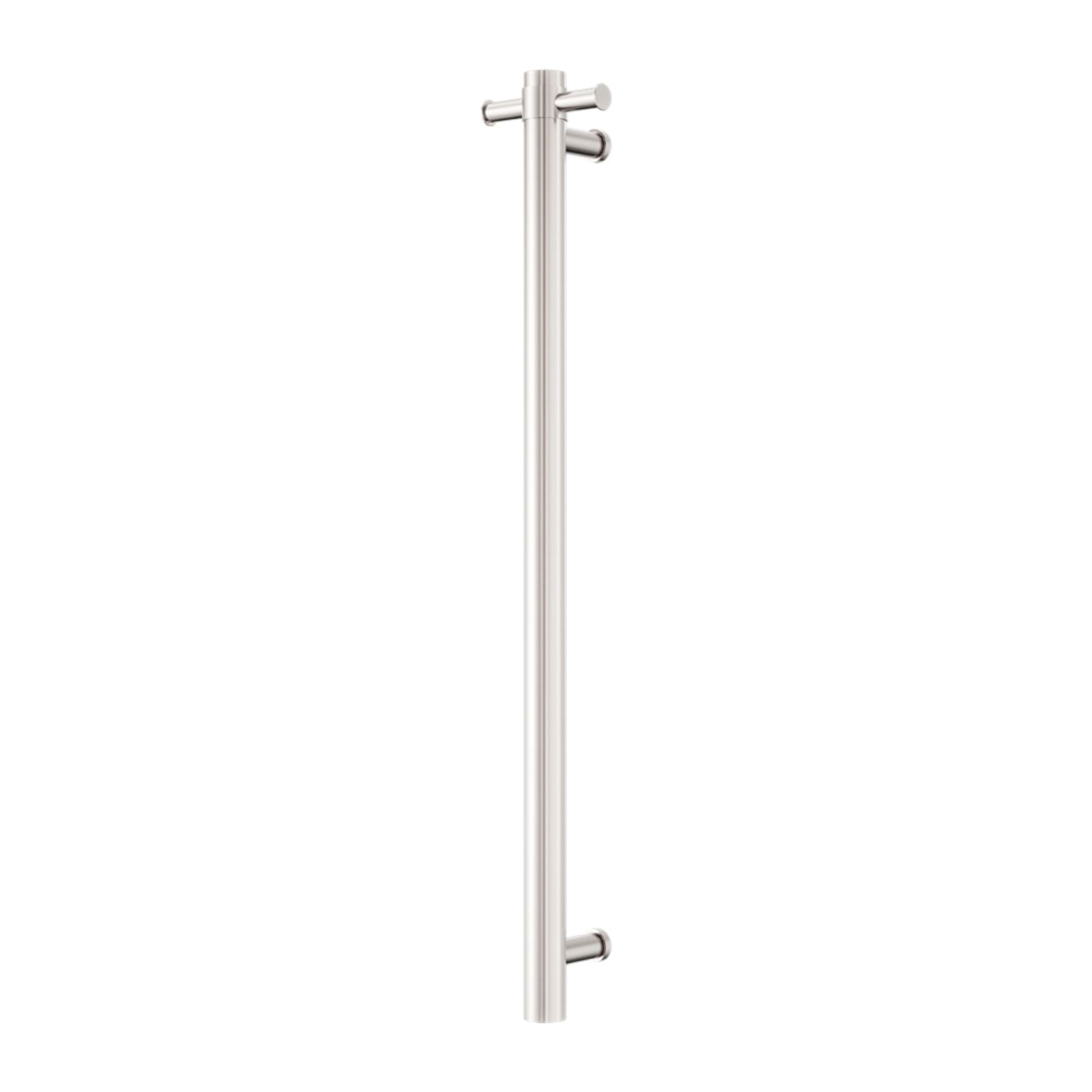 Nero Mecca single vertical heated towel rail in brushed nickel, slim round stainless steel bathroom heating rail on white background