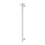 Nero Mecca single vertical heated towel rail in brushed nickel, slim round stainless steel bathroom heating rail on white background
