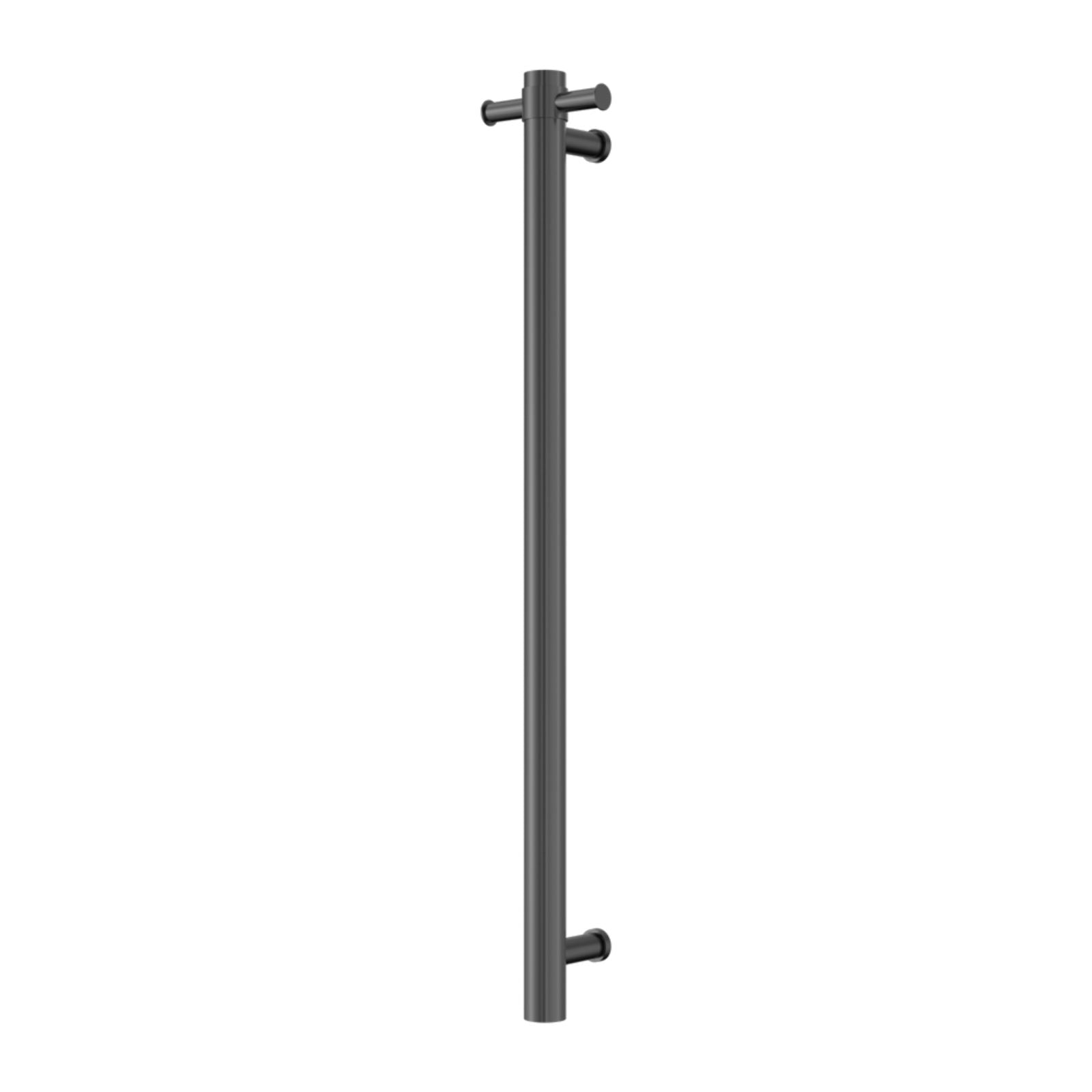 Nero Mecca single vertical heated towel rail in gun metal, slim round wall-mounted design on white background