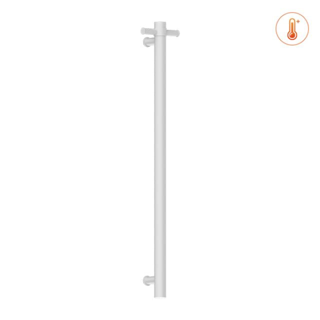 Nero heated vertical towel rail in matte white, single round bar on a white background, front view
