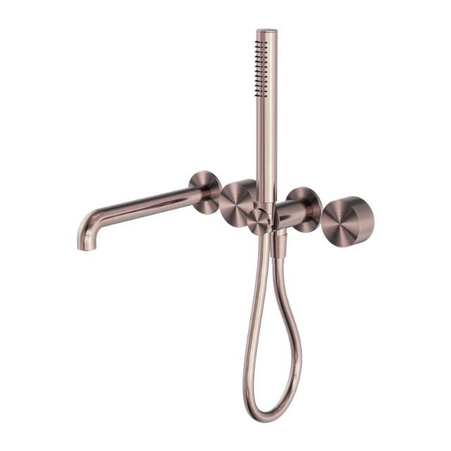 Nero Kara progressive wall-mounted shower system in brushed bronze with separate plates, spout and hand shower holder