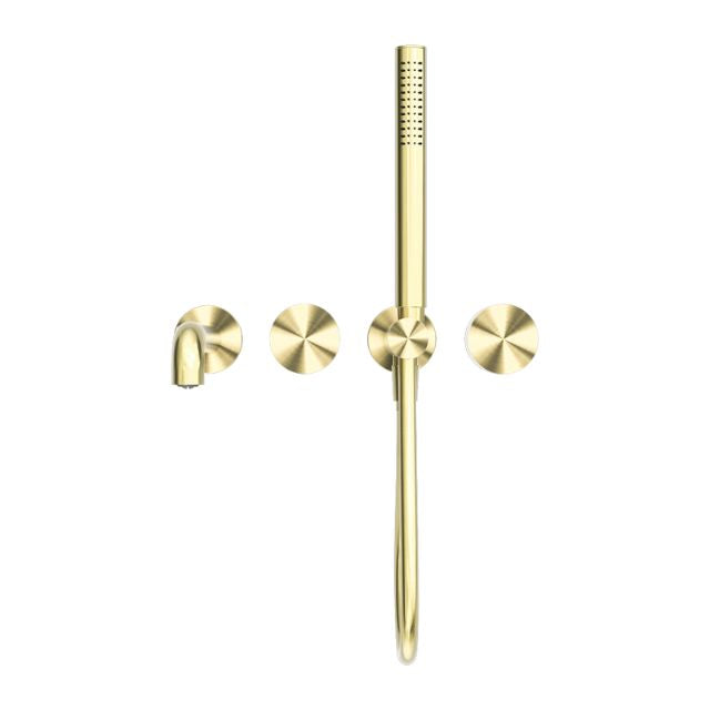 Nero Kara progressive shower system separate plate with spout in brushed gold, wall-mounted set with round controls and vertical hand shower
