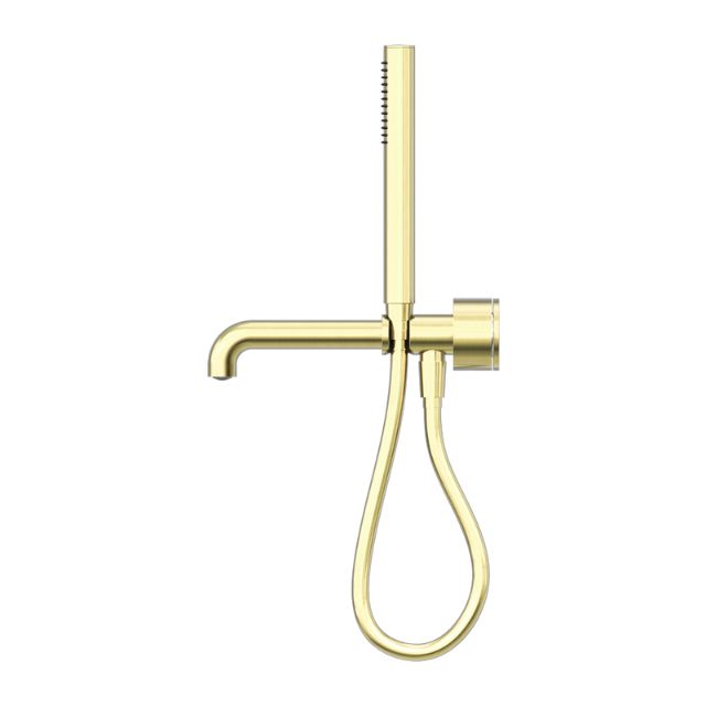 Nero Kara brushed gold progressive shower system with spout and hand shower hose, wall-mounted separate plate view