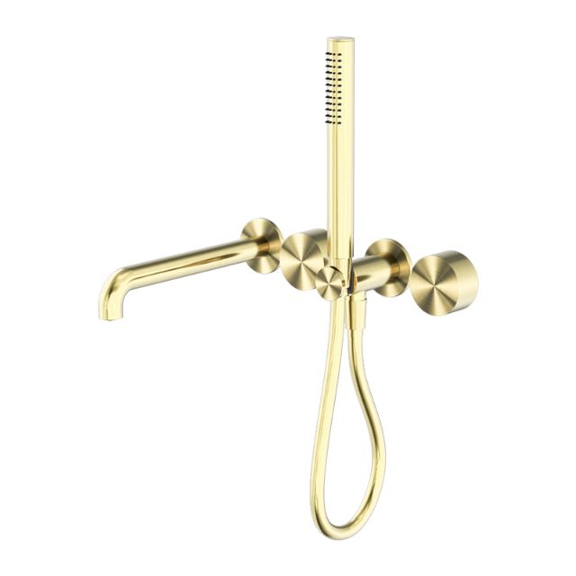 Nero Kara progressive shower system in brushed gold with separate wall plate, spout and hand shower