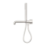 Nero Kara progressive shower system with spout, brushed nickel wall-mounted tapware on white background