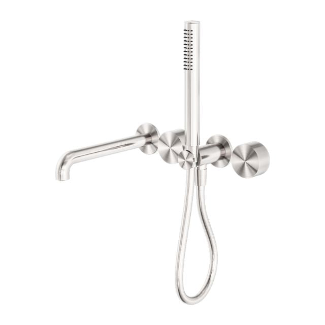 Nero Kara wall-mounted shower system in brushed nickel with separate plate, spout and hand shower holder