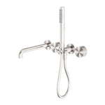 Nero Kara wall-mounted shower system in brushed nickel with separate plate, spout and hand shower holder