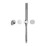 Nero Kara chrome progressive shower system with separate plate, wall-mounted spout and shower handset on white background